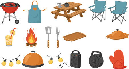 Outdoor barbecue and picnic essentials collection, grill, picnic table, camping chairs, fire pit, cooking utensils, string lights, oven mitt, summer cookout.