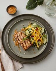 Tofu mit cremiger Erdnuss Soße neben Mango Zucchini Salat