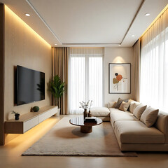 Minimalist Luxury TV Lounge with Neutral Colors, Indoor Plants, and Abstract Art