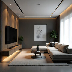 Contemporary Living Room with Wall-Mounted TV and Elegant Wooden Paneling