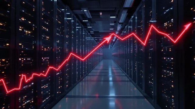 Data Center Server Room with Rising Arrow Graph, High Performance Computing