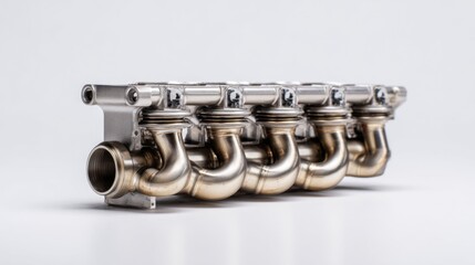 Fototapeta premium Metal exhaust manifold displaying precise welding, curved structural design resting on pristine white surface, revealing automotive engineering complexity