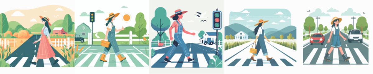 Fototapeta premium vector character of a woman farmer crossing the road