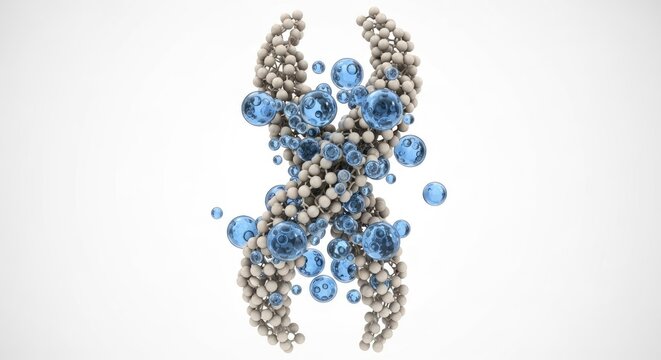 A double-helix structure composed of numerous light-colored spheres is surrounded by and intertwined with many translucent blue spheres of various sizes