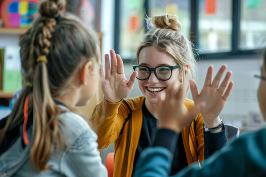 Teacher giving a high-five to a young student in a classroom with colorful sticky notes.