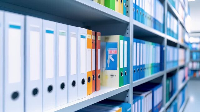 Row of medical chart and folder with colorful label organized on shelves, representing patient record, hospital documentation, and healthcare data storage.