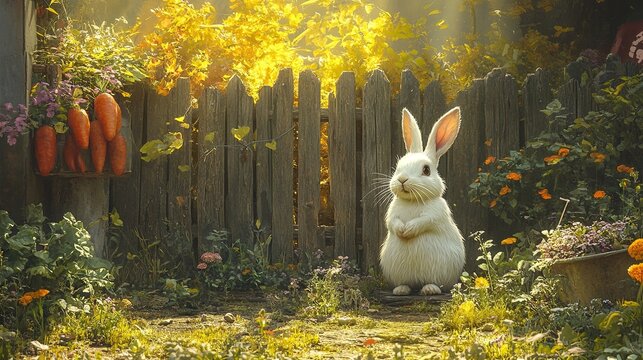 A bedraggled white rabbit stares longingly through a worn wooden fence at the lush carrots inside, while the gardener tends the garden, unaware. Sunlight highlights the vibrant colors of the scene -