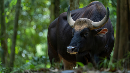 Powerful Gaur Grazing in Lush Green Forest A Portrait of Strength and Serenity in the Heart of the Jungle A Glimpse into the Untamed Wilderness