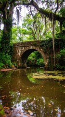 Stone arch bridge over a still creek, lush greenery