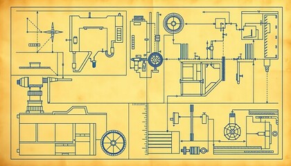 Technical blueprint schematics on aged paper background, vector illustration,  background,  grunge