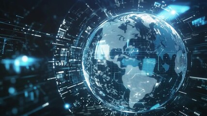 Rotating digital earth with glowing data lines and futuristic interface visualizing global technology network innovation connectivity cyberspace science and modern world animation - Powered by Adobe