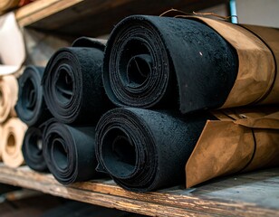 Rolled black leather hides stacked on wooden shelves