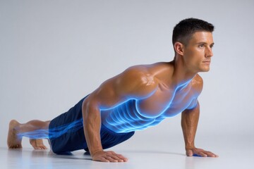 Obraz premium Muscular fitness model executing push ups, revealing chiseled physique and powerful muscular definition against neutral blue gray studio backdrop