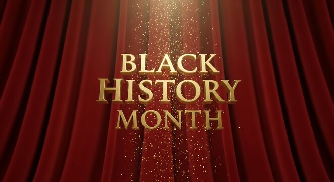 Elegant Black History Month celebration backdrop. Ideal for event promotion, educational content, or commemorative designs. Gold text on red curtains with gold dust. 