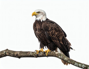 Fototapeta premium Majestic Bald Eagle Perched on a Branch Against a White Background