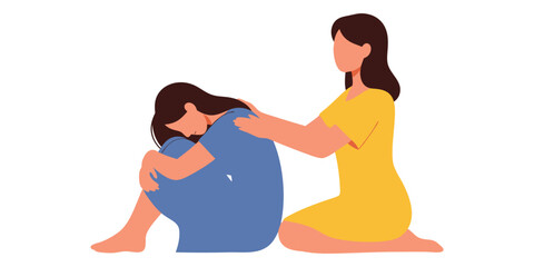 Compassion and support for person facing difficulty. Woman comforting sad friend. Empathy, kindness, help for depression. Mental health care, therapy and psychology concept.