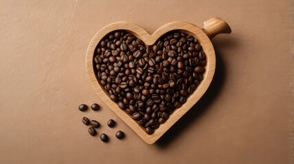 Top view of coffee beans in a heartshaped wooden bowl on brown surface