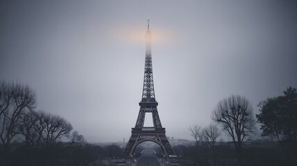 The Eiffel Tower shrouded in mist creates a moody and atmospheric scene, ideal for travel blogs, cinematic visuals, or designs needing a touch of Parisian charm.