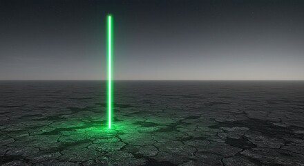 Glowing Green Light on Cracked Arid Ground Under Starry Sky