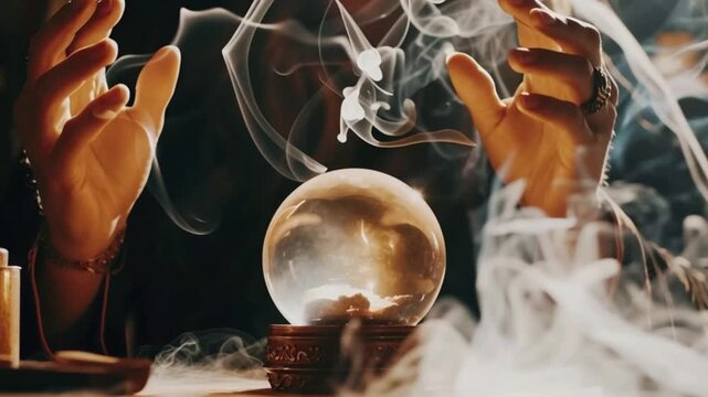 Fortune teller raises hands over a glowing crystal ball as smoke swirls creating a powerful occult ritual scene symbolizing prophecy black magic mysticism and supernatural storytelling visuals!