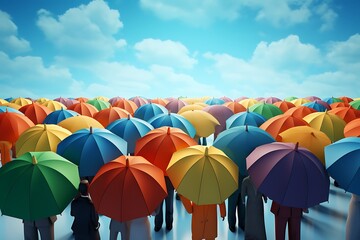 A vibrant gathering of people holding colorful umbrellas against a bright blue sky