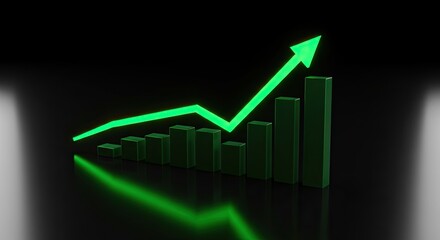 Green Ascending Chart Arrow and Bars on Black Reflective Surface