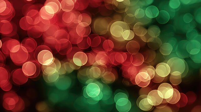 Abstract red, green and gold bokeh lights with soft vignette and central copy space