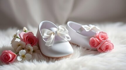 Elegant White Baby Christening Shoes with Pink Roses on Fluffy Background