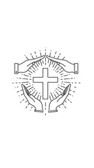 Obraz premium Hands Protecting Cross Line Art Black and White Minimalist Religious 