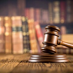 Wooden gavel on a table, books in background