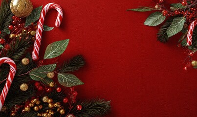 christmas background with red color and christmas decorations on the edges, including candy cane, pine branches, golden berries, baubles, on empty space for text or message.
