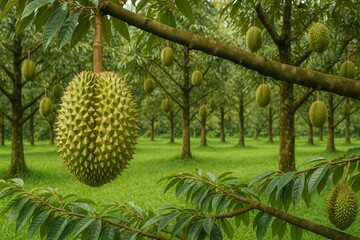 Durian Harvest in the Orchard: A captivating view of a durian tree laden with spiky fruit, offering a glimpse into a bountiful orchard.