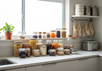 Organized pantry with jars of food and ingredients on a kitchen counter