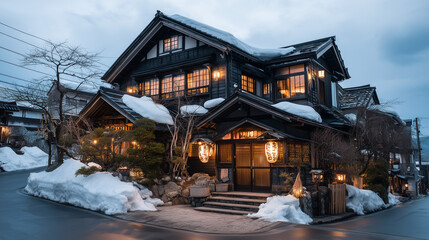 Kurokawa Onsen Yuakari bamboo lantern glowing in snowstorm during traditional Japanese hot spring illumination winter festival atmosphere