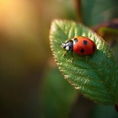 Fototapeta premium Ladybug on a leaf bathed in sunlight