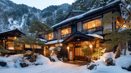 Fototapeta premium Kurokawa Onsen Yuakari Traditional Ryokan with Lanterns Glowing in Snowy Winter Night Japanese Hot Spring Village