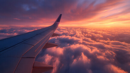 Airplane wing view during sunset over clouds from plane window perspective