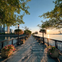Fototapeta premium Sunrise walkway by the river