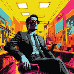 Bold pop art illustration of a man in a suit and sunglasses sitting in a modern office interior. Stylish retro vector with vibrant colors.