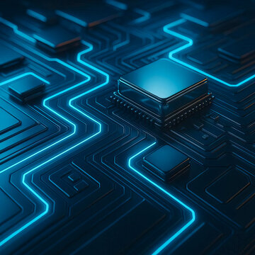  Futuristic glossy microchip technology background with glowing circuits and abstract premium 3D design for corporate branding and fintech advertising
