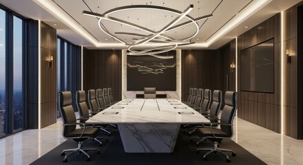 Modern Conference Room Interior Design with Long Table and Stylish Lighting.