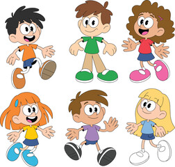 Happy kids standing together, diverse children smiling, cheerful boys and girls, colorful outfits, joyful childhood moments, friendship and fun time outdoors