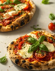Two artisanal pizzas, topped with mozzarella, tomato slices, and basil, on a light background