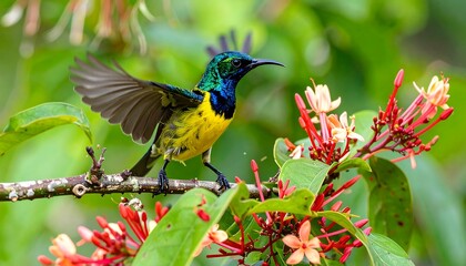 Sunbird landing on flowers