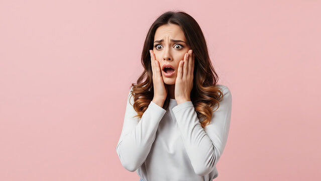 Half body portrait of a young woman in casual outfit, shocked and worried face with hands on cheeks, isolated on pastel background, concept of negative surprise or bad news reaction.