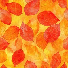 Vivid watercolor autumn seamless pattern with orange, yellow, red leaves 