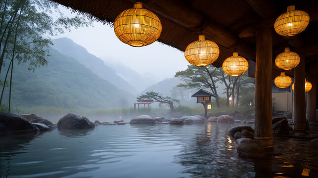 Magical Kurokawa Onsen Yuakari Festival Lanterns Illuminating Outdoor Hot Springs in Winter Night Japan