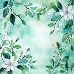 Abstract watercolor green leaves and white flowers on pastel background. 