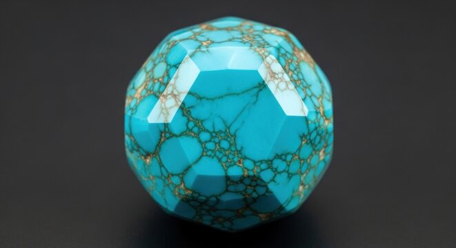 A faceted turquoise bead with a distinctive matrix pattern and vibrant bluegreen color