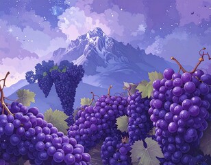 Purple grapes with mountain background